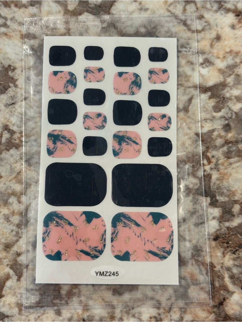 Pink Marble & Black Nail Toe Wrap Set
